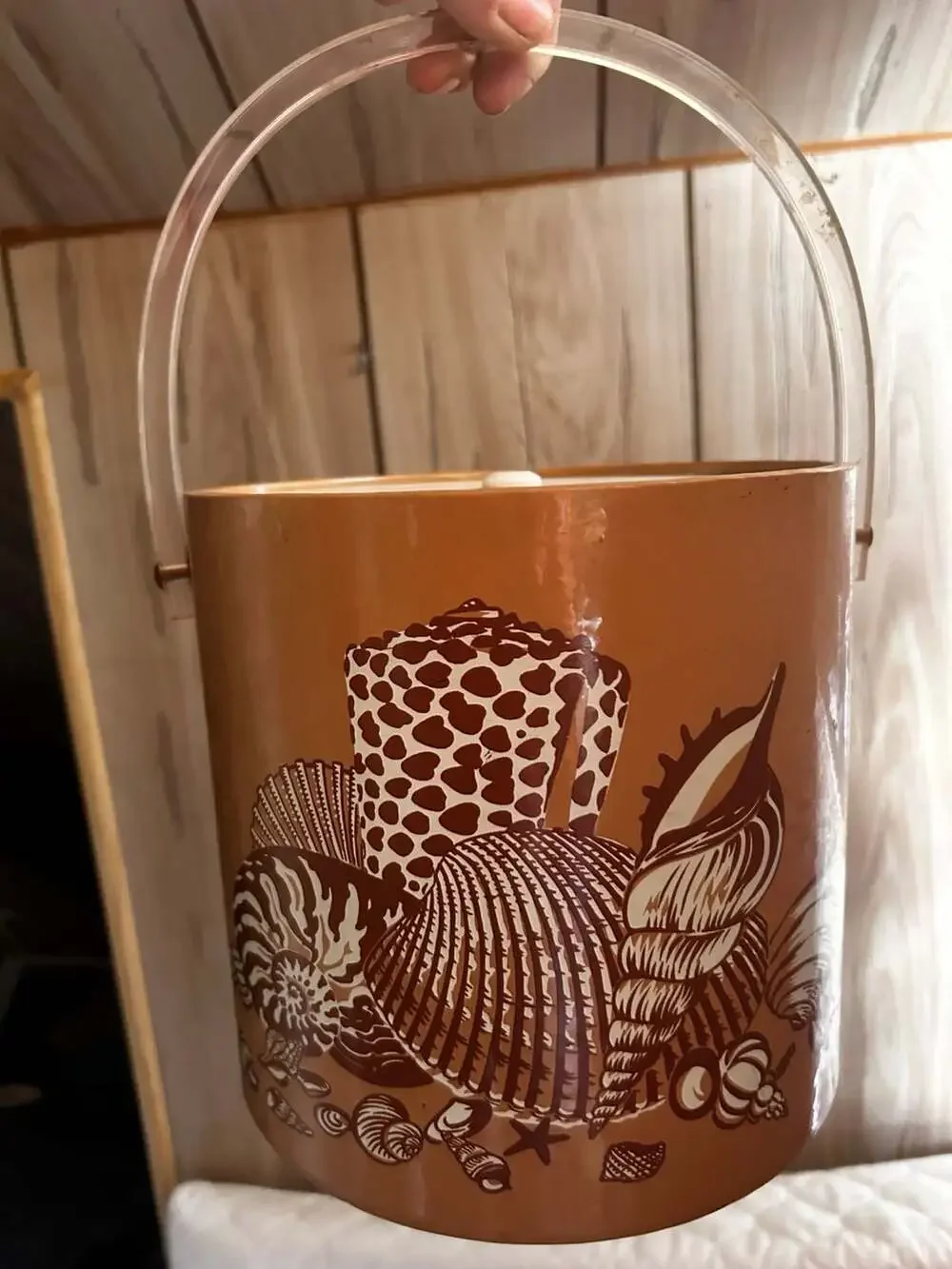 Vintage Mid-Century Modern Seashell Print Ice Bucket with Clear Handle